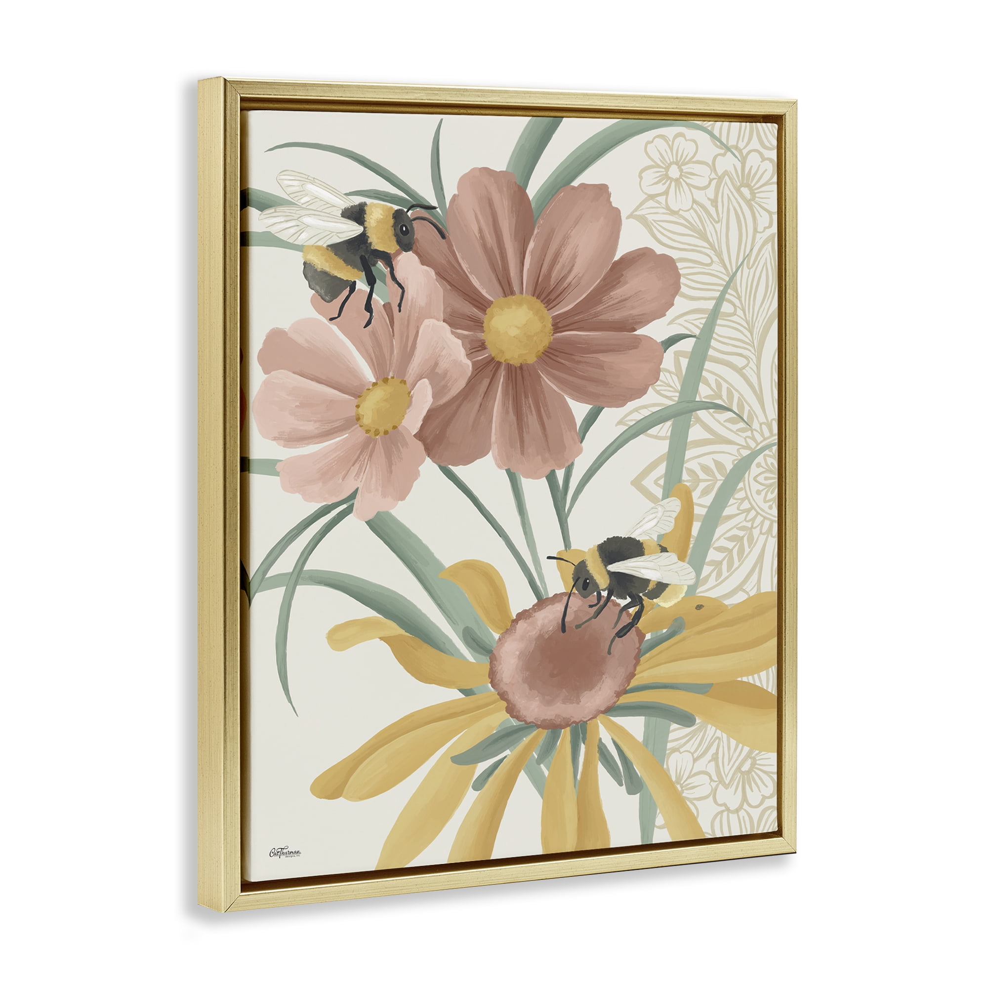 Stupell Industries Pollinating Bumble Bees Botanical & Floral Painting Gold Floater Framed Art Print Wall Art, 25 x 31