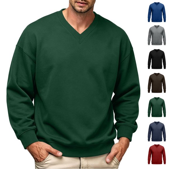 V Neck Pullover Sweatshirts for Men Drop Shoulder Loose Fit Solid Color Long Sleeve Top Casual Basic Loungewear Top.