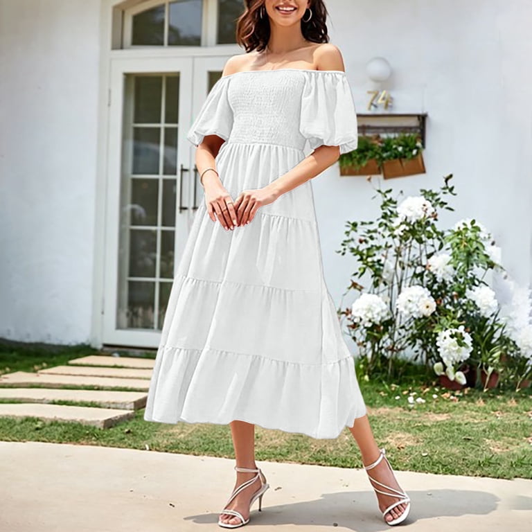 womens holiday midi dresses Elvqul Womens Dresses Short Sleeve Summer Midi Dresses Square Neck Knee Length Pullover Casual Dresses for Women Holiday, Women's, Size: Medium, White