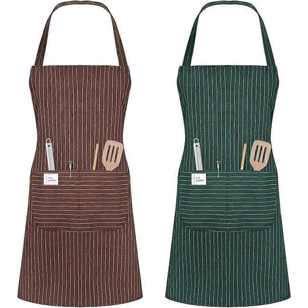 Unisex Adjustable Bib Apron, 2 Pcs Apron with 2 Pockets Cooking Kitchen Chef Aprons for Home Kitchen, Restaurant, (Brown/Green)