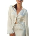 thumbnail image 3 of Womens Tie Front Satin Shirts Deep V Neck Silk Club Tops Long Sleeve Y2k Going Out Blouse White XS, 3 of 9