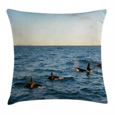 Whale Decor Throw Pillow Cushion Cover, A Real Photo Image of Four Killer Whales coming out of the Sea Artwork, Decorative Square Accent Pillow Case, 20 X 20 Inches, Blue and Black, by Ambesonne