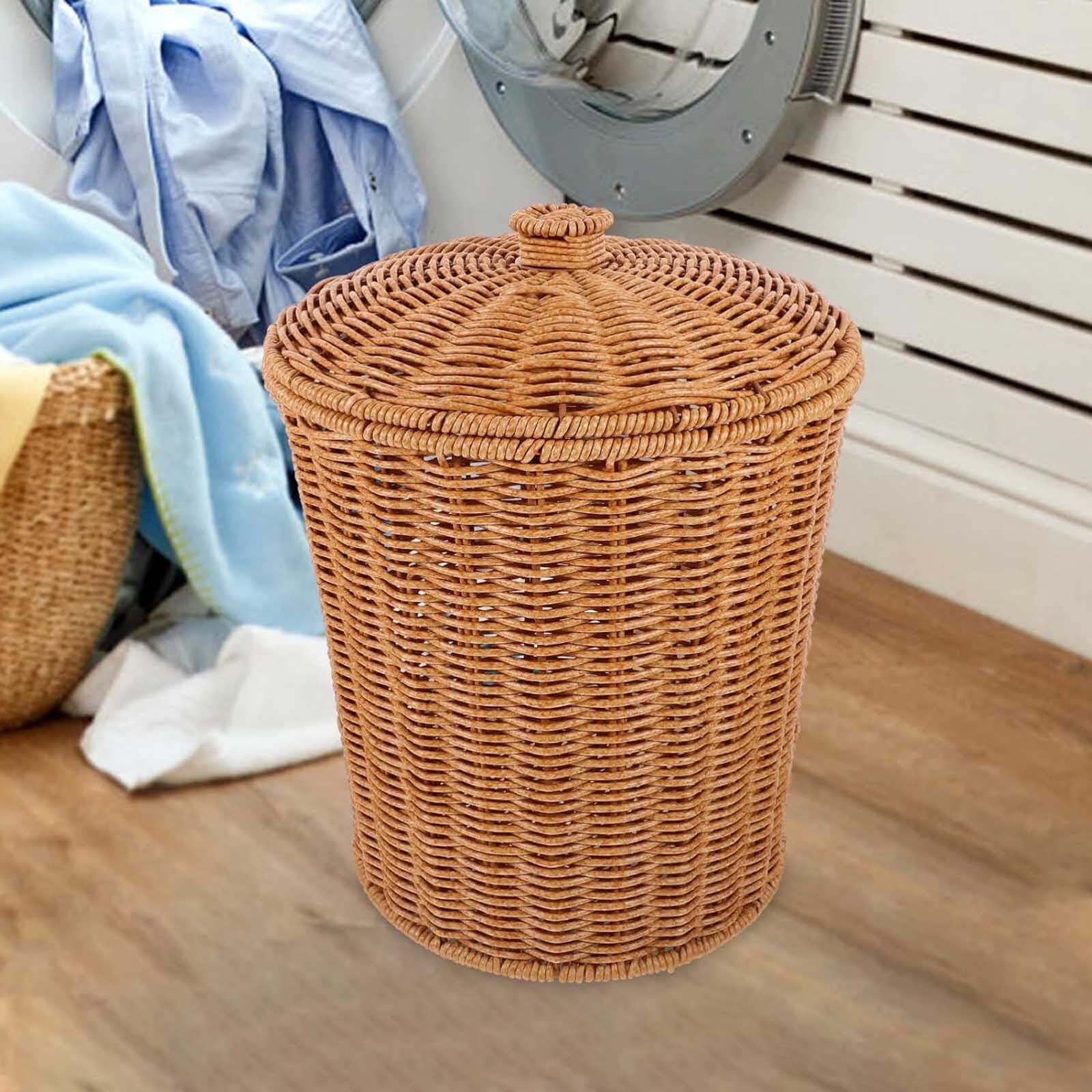 Blukids Wicker Trash Can Rattan Waste Basket with Lid Woven Laundry Basket Corner Hamper Clothes Hamper Laundry Bin Storage Basket(Yellow)