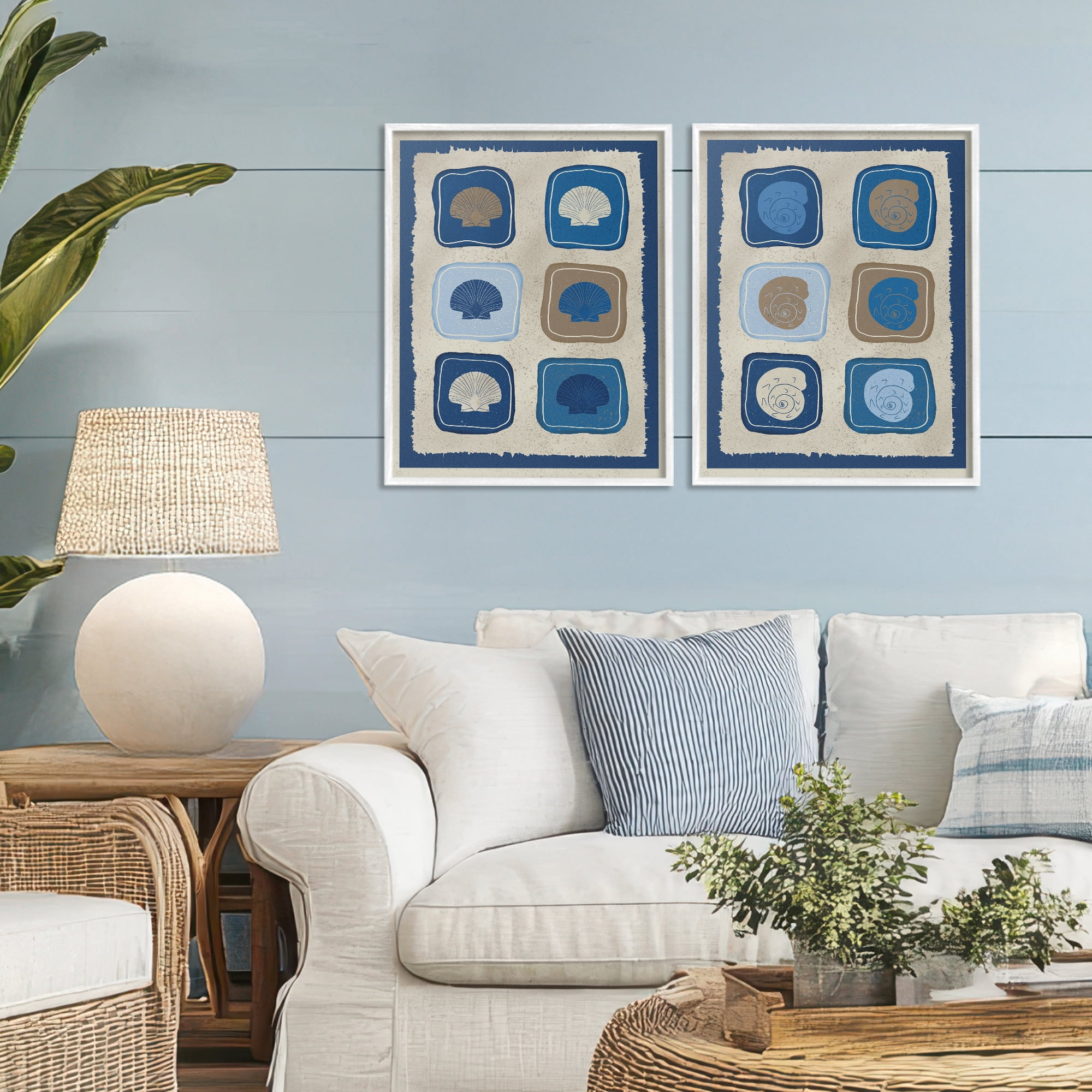 Stupell Industries Blue Blocked Seashells 2 Piece White Framed Giclee Art Set, design by Julia Frost