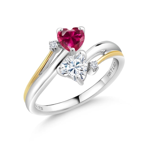 Gem Stone King 925 Silver and 10K Yellow Gold Ring Heart Shape Red Created Ruby and Moissanite (1.04 Cttw, Size 9)