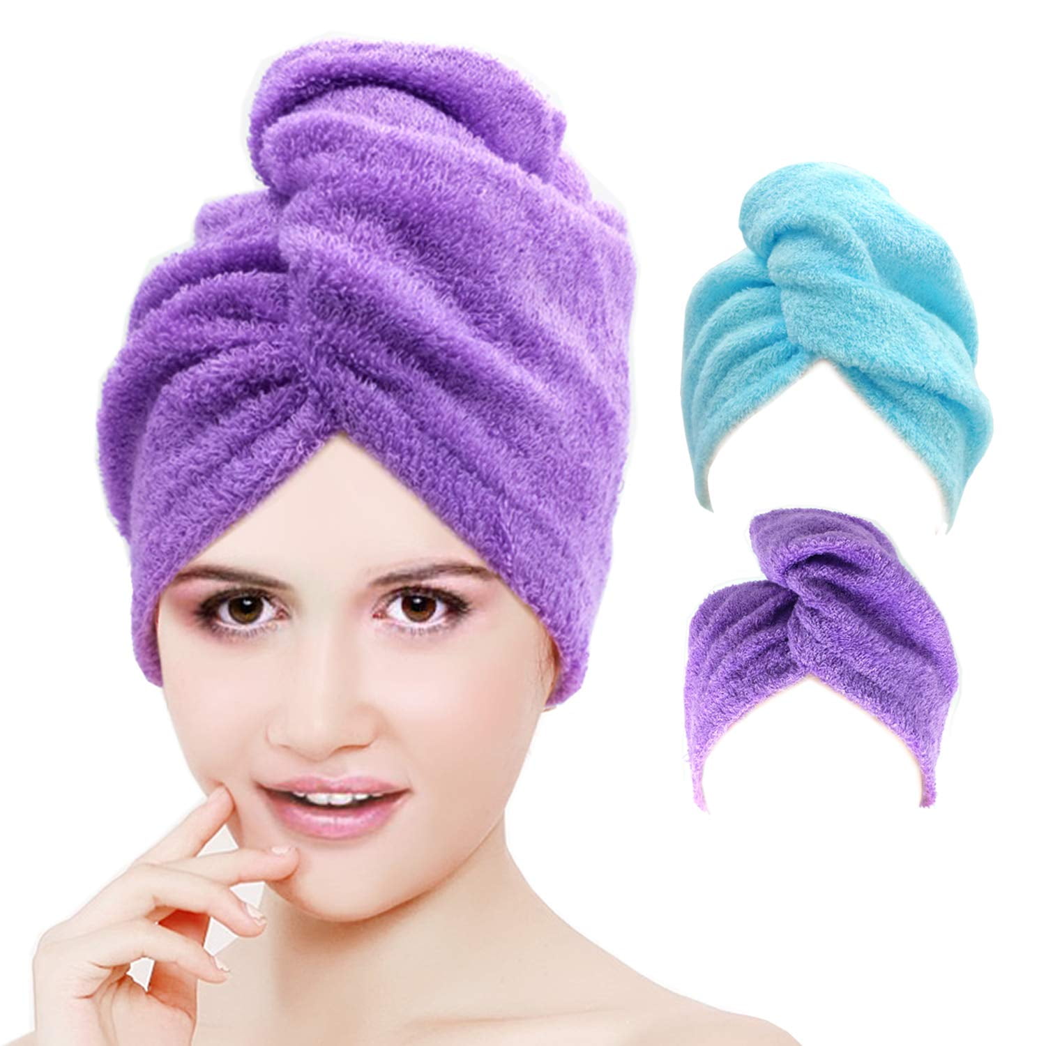 PURPLE Microfiber Quick Dry & Lightweight Hair Towel with Button for Secure Hold 
