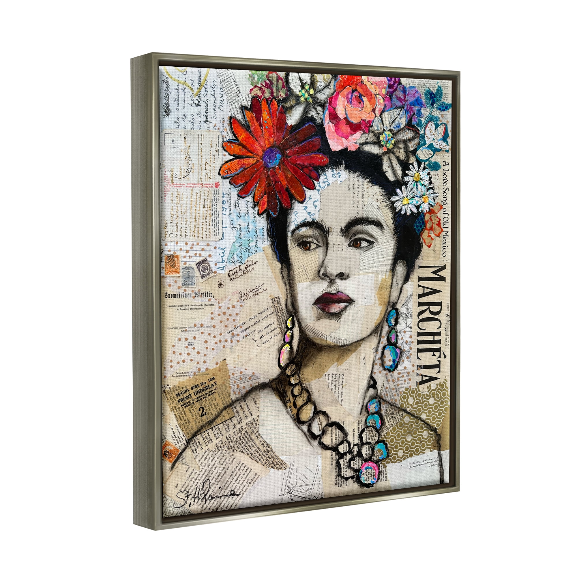 Stupell Industries Fabulous Frida Kahlo Botanical & Floral Painting Gray Floater Framed Canvas Art Print Wall Art, 17 x 21