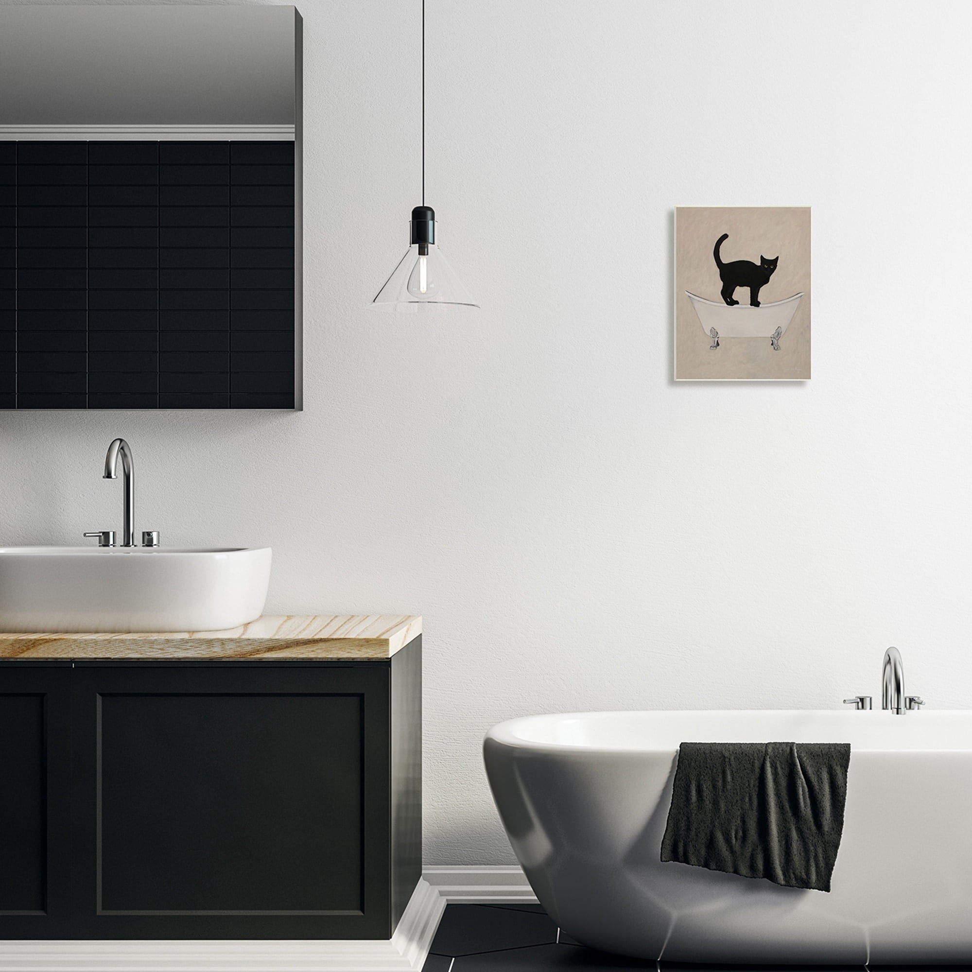 Black Cat Simple Claw Foot Bathtub Bathroom Painting Wall Plaque Art, 10 x 15