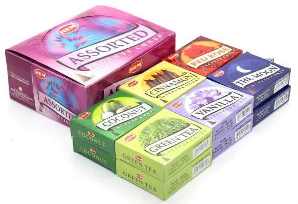 HEM Assorted Incense Cones - 12 Packs of 10 Cones Each - With 6 Different Scents: Vanilla, Cinnamon, The Moon, Green Tea, Coconut, Red Rose