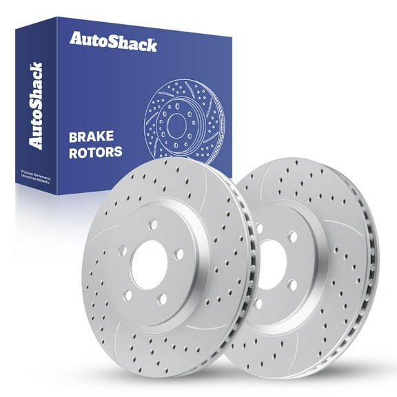 AutoShack Front Brake Rotors for Ford, Mustang 2005-2014, RWD V6 3.7L V8 4.6L - Coated Drilled & Slotted - Silver Matte Finish - TurboGuard - 12.45" (316.2 mm), 5-Lug