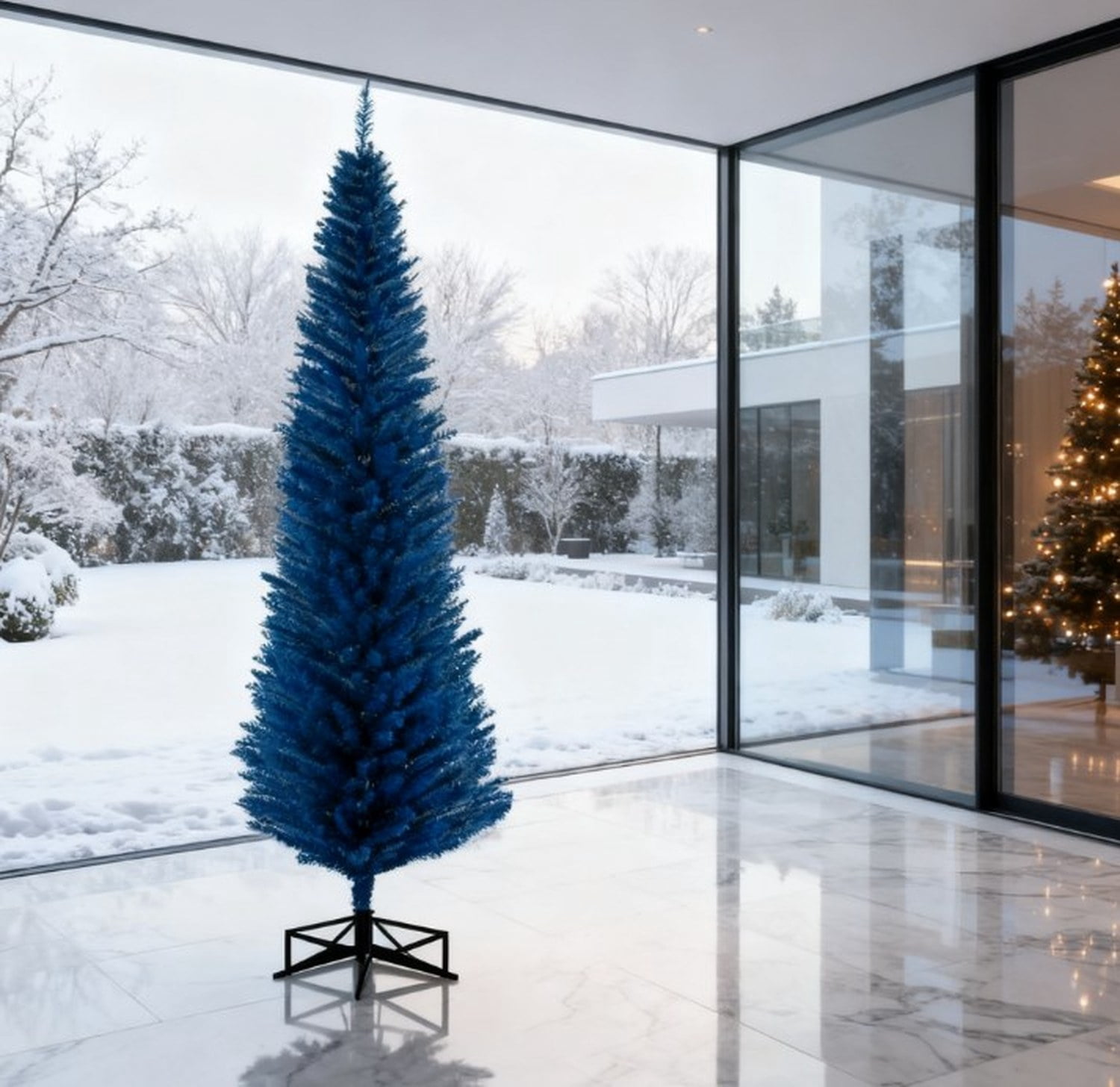 Blue Pencil Christmas Tree 7ft Artificial with Plastic Stand