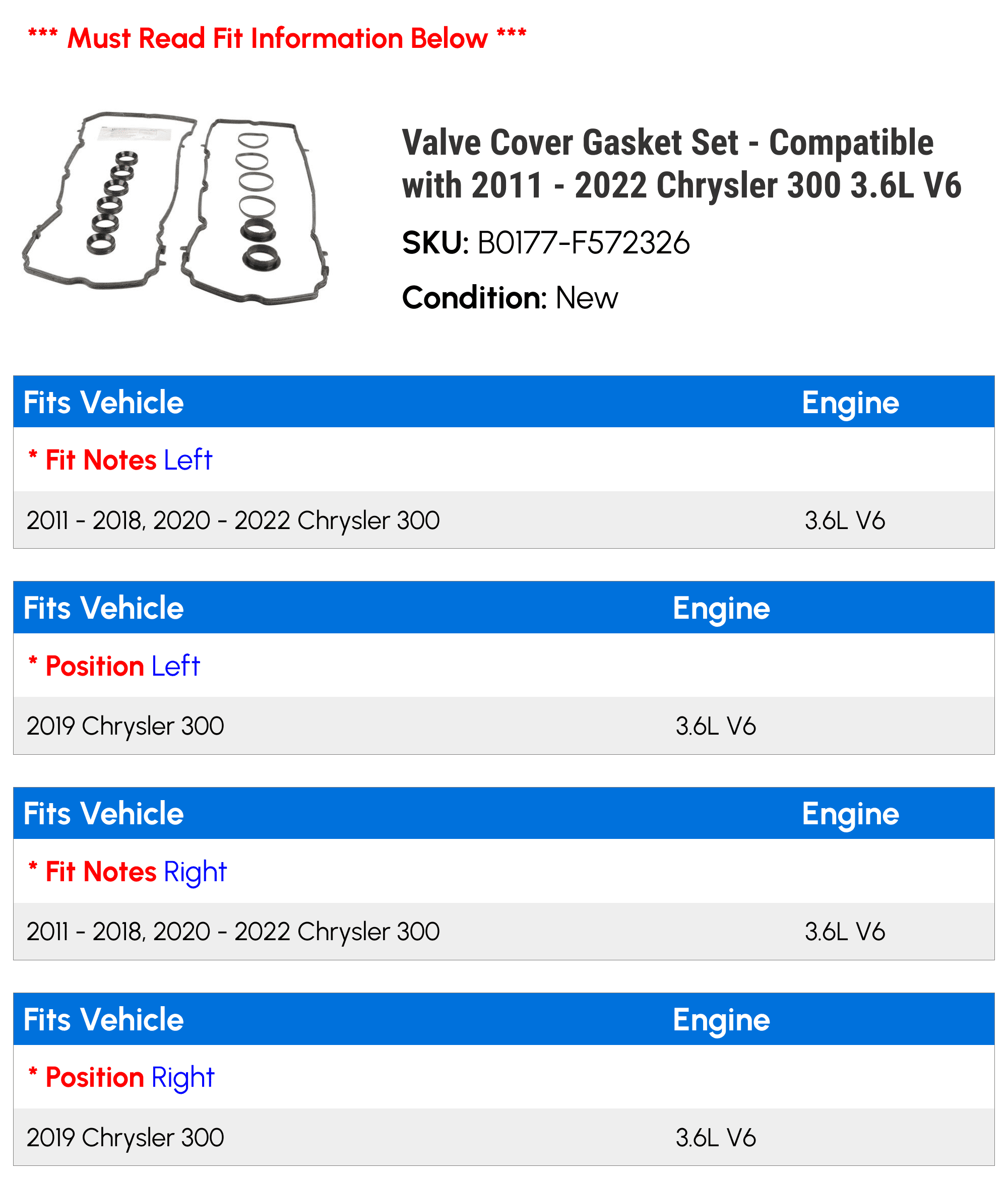 Valve Cover Gasket Set - Compatible with 2011 - 2022 Chrysler 300 3.6L V6 2012 2013 2014 2015 2016 2017 2018 2019 2020 2021