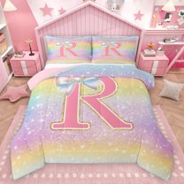 Homewish Initial R Letter Queen Comforter Set for Girls, Dreamy Galaxy Stars Rainbow Bedding Sets, Cute Princess Style Reversible Bedding Comforter Set, Luxury Bedroom Decor, 3-Piece