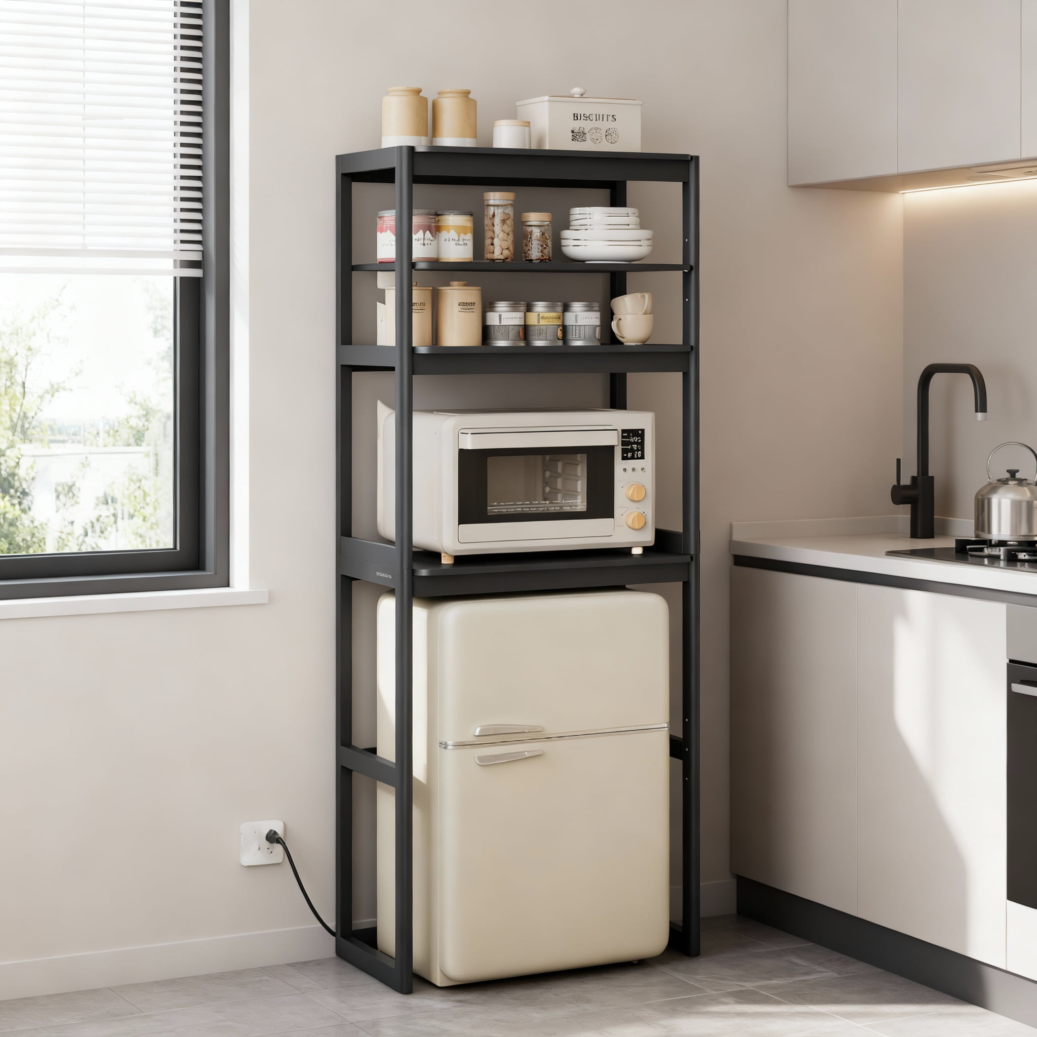 LEDREM 4-Tier Kitchen Bakers Rack with Power Outlet & Adjustable Shelf, Mini Fridge and Microwave Stand, 66.9 Inch Height, Ink Black