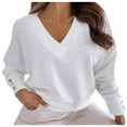 thumbnail image 3 of Womens Sweatshirt Women's Solid Sweatshirt Ladies Casual Loose Solid Color Buttons V-neck Long-Sleeved Sweater Women, 3 of 6