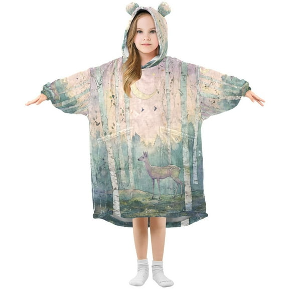 FORMRS Wearable Blanket Hoodie with Sleeves for Kids Cozy Flannel Sweatshirt, Night Deer