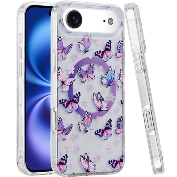 XPM for Apple iPhone 17 AIR Stylish Pattern Fashion IMD Printed Design TPU Double Layer Slim Shockproof with Magnetic Back Phone Case Cover (Purple Butterflies)