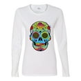 thumbnail image 2 of Wild Bobby, Colorful Floral Sugar Skull Streetwear Womens Graphic Long Sleeve T-Shirt, White, Small, 2 of 3