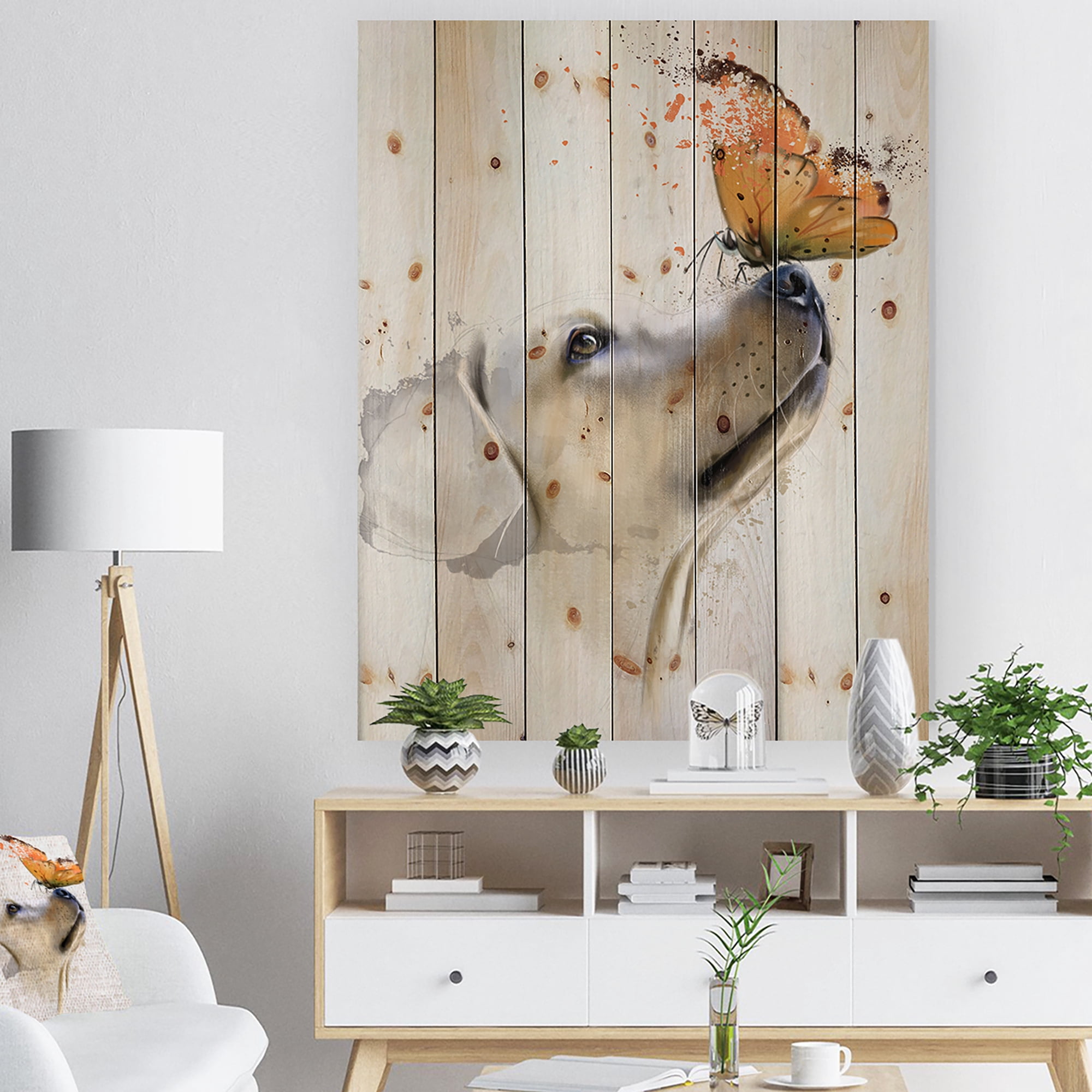 Golden Retriever Dog with Butterfly Animal Print 20 in x 15 in Painting Art Prints, by Designart