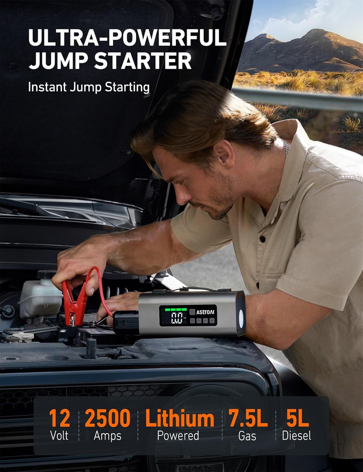 AstroAI Portable Car Jump Starter with Air Compressor 150PSI, 2500A Car Battery Jump Starter Pack Up to 7.5L Gas & 5.0L Diesel Engine, UL Certified