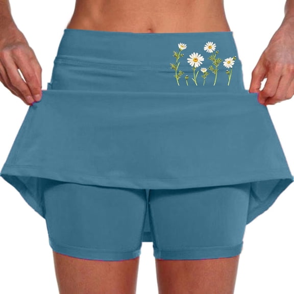 Tennis Skirts for Women's Summer Mid Rise Culottes with Pockets Athleisure Two Short Skirts for Everyday Comfort Style Sky Blue L