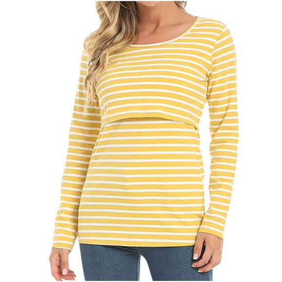 Diufon Women's Maternity Nursing Top Striped Long Sleeve Crewneck Shirts Breastfeeding Postpartum Basic Blouse