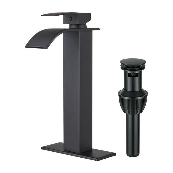 Cobbe Single Handle Single Hole Waterfall Bathroom Sink Faucet with Deck Plate and Pop-Up Drain Assembly Matte Black