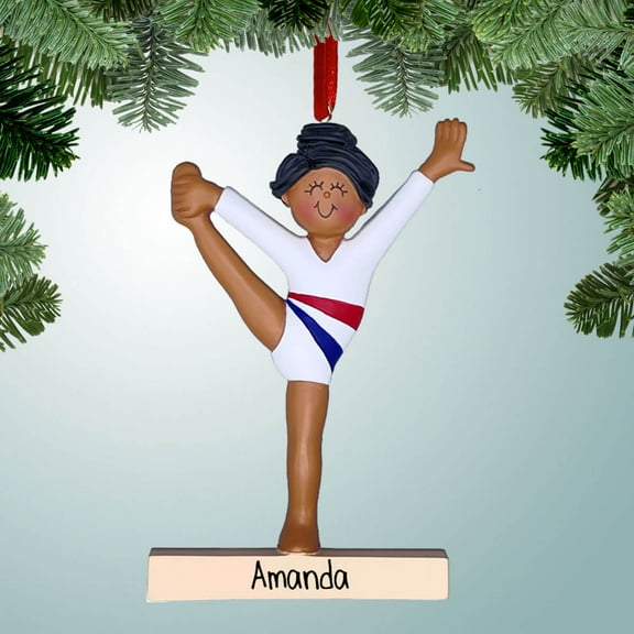 Personalized Gymnast Leg Hold on Balance Beam - Female Dark Skin Christmas Ornament - Gymnastic Lessons - Dance - Theater - Balance Beam