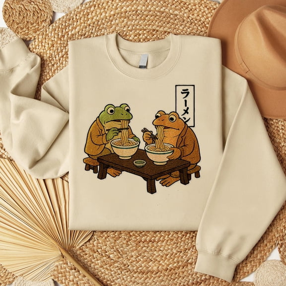 Frog and Toad Ramen Embroidered Sweatshirt, Cozy Pullover with Japanese Noodle Art, Cottagecore Frog Embroidered Shirt, Mom Gift