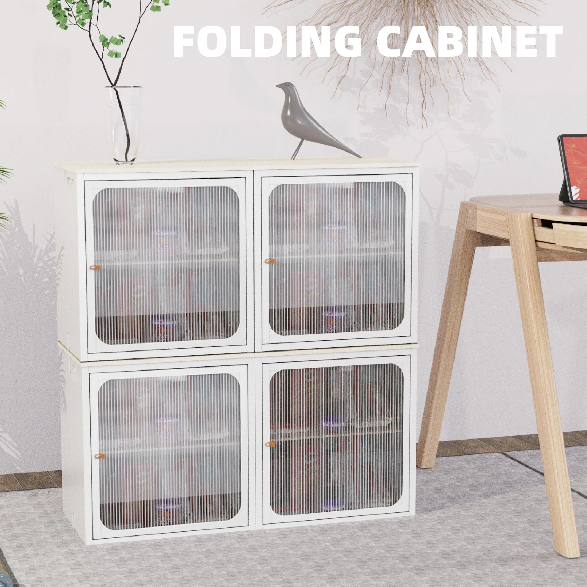 MAYEERTY Foldable Storage Cabinet, Steel-Wood Combo with Anti-Slip Design, White