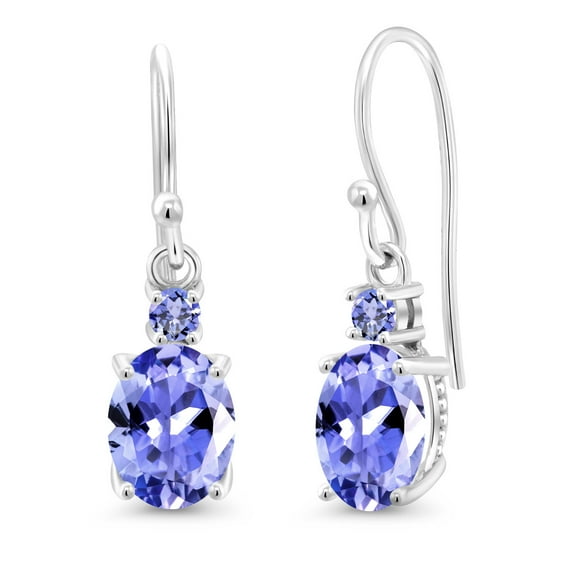 Gem Stone King 10K White Gold Blue Tanzanite and Blue Tanzanite Dangle Earrings for Women (2.48 Cttw, Gemstone Birthstone, Oval 8x6mm)