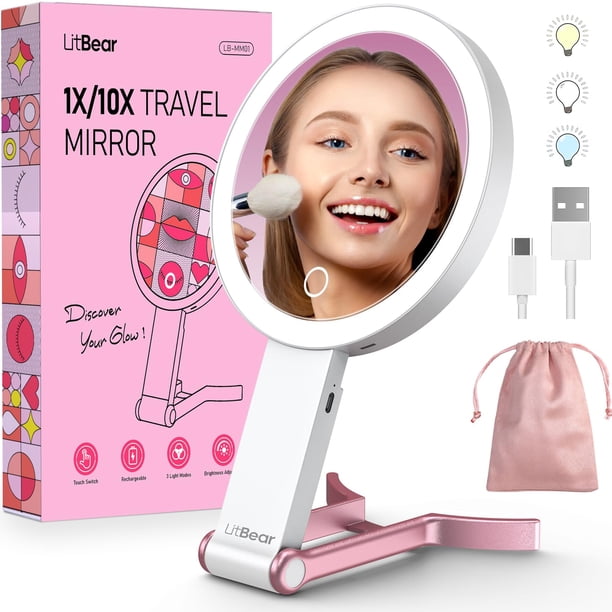 Espejo de maquillaje LitBear Travel con luces de aumento 10X