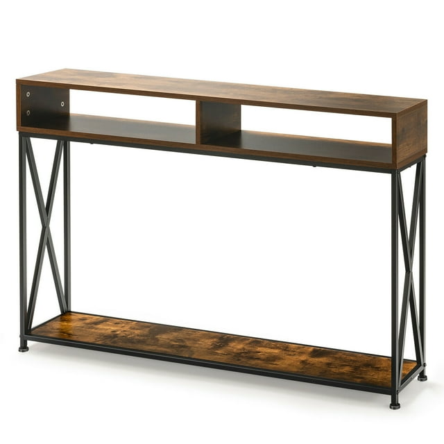Gymax Table Console avec Étagère Ouverte et Compartiments de Rangement Cadre en Acier Marron