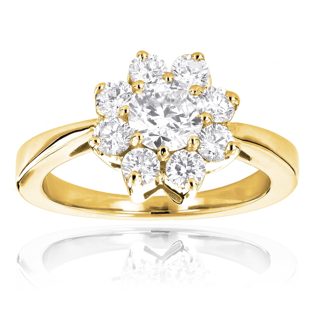 Ladies Diamond Cluster Rings 14K Gold Diamond Flower Ring 1.3 Ctw