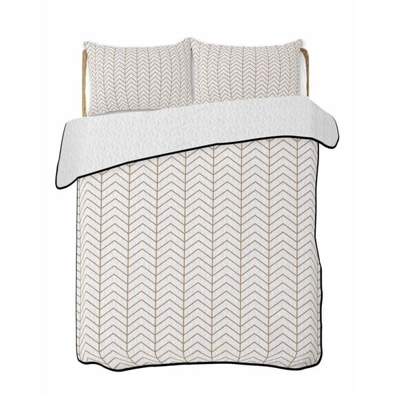 Quilts Queen Size Bedding Set, Simple Line White Lightweight Quilted Comforter, Beige Modern Art Geometric Soft Reversible Bedspread Coverlet with Pillow Covers for All Season, 90" x 96"