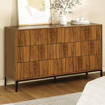 Mid-Century Modern 6 Drawer Dresser, 54” Walnut Finish Wave Front Dresser with Push-to-Open Drawers, Handle-Free Bedroom Chest with Black Metal Base for Living Room or Closet