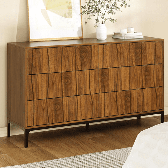 Mid-Century Modern 6 Drawer Dresser, 54” Walnut Finish Wave Front Dresser with Push-to-Open Drawers, Handle-Free Bedroom Chest with Black Metal Base for Living Room or Closet