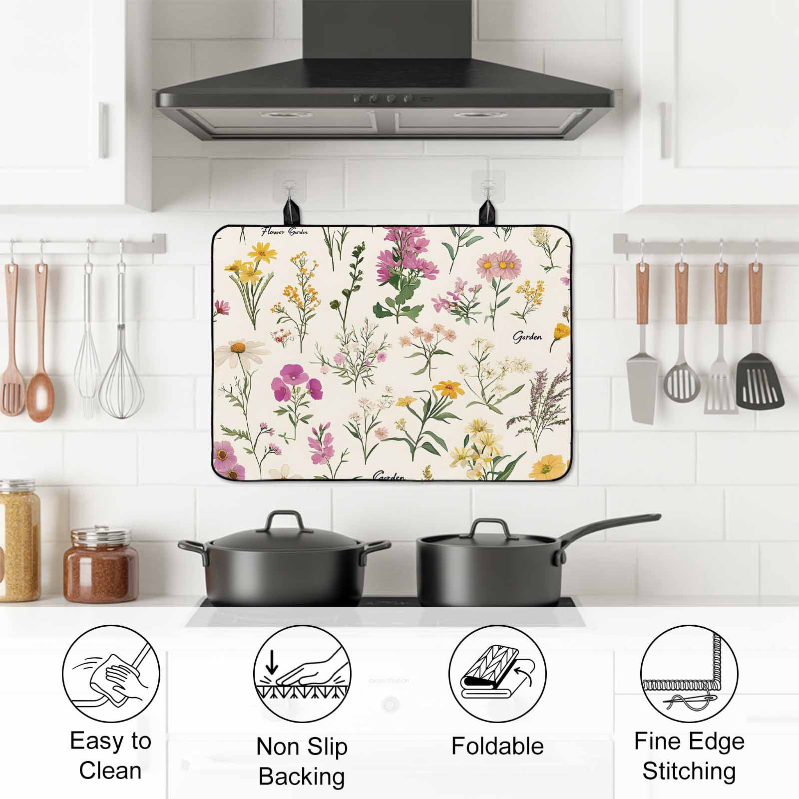 Wildflowers Stove Top Cover for Electric Stove, Heat-proof & Non Slip Glass Top Stove Cover Protector, Blossoming Botanical Prints Garden Floral Kitchen Flat Cooktop Rubber Mat 24x21 Inches