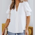 thumbnail image 2 of Cute Tops for Women Ruffle Puff Short Sleeve Casual T Shirts V Neck Solid Summer Loose Office Blouses Tunic Tee Tops, 2 of 7