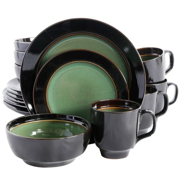 Gibson Bella Galleria 16 Piece Reactive Dinnerware Set,Green/Black