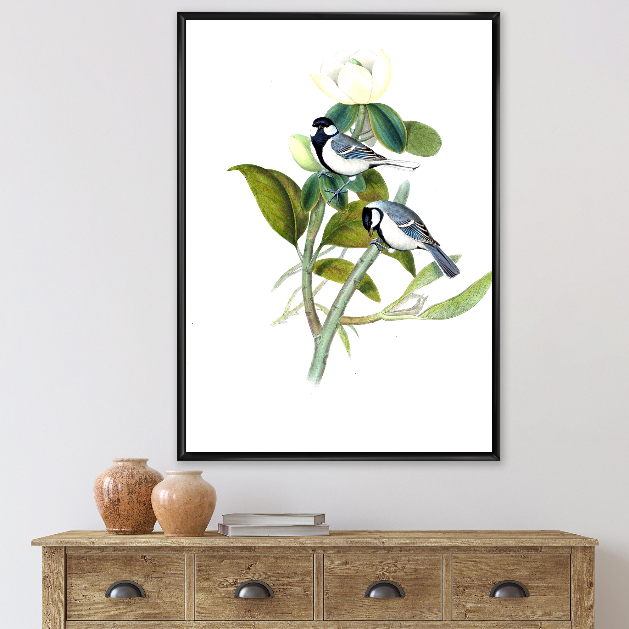 Designart 'Vintage Countryside Birds On Branch I' Farmhouse Framed Canvas Wall Art Print