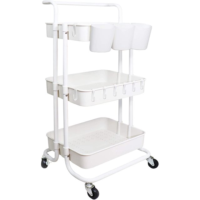 3 Tier Rolling Utility Cart Multifunction Storage Organizer Shelf Rack with Lockable Wheels 3PCS Cups and 8PCS Hooks for Home Office Kitchen Bathroom Store (White)