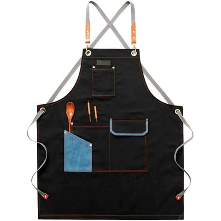 

Denim Aprons for Hairdressers Chef Apron for Men Professional Work Aprons for Women with Pockets Black Cross back Adjustable For BBQ Carpenter Stylist Restaurant B 75x60cm