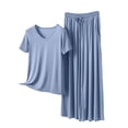 thumbnail image 7 of Zynoxe Pajamas for Women Set Two Piece V-neck Short Sleeve Shirts and Drawstring Wide Leg Pants Matching Outfit Loose Comfy Lounge Sets, 7 of 7