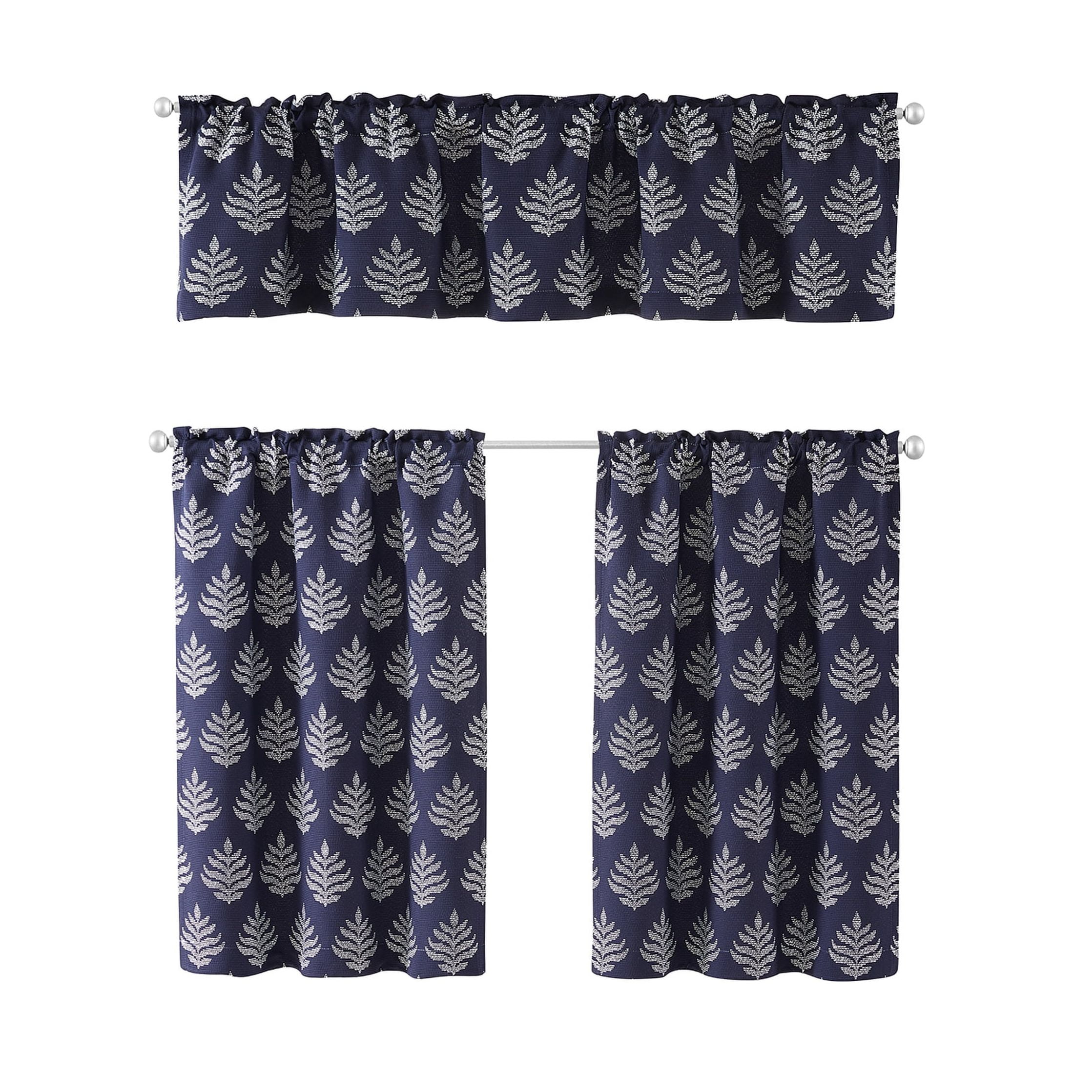 (2 pack) Better Homes & Gardens Rowan 3-Piece Indigo Blue Jacquard Kitchen Curtain Set