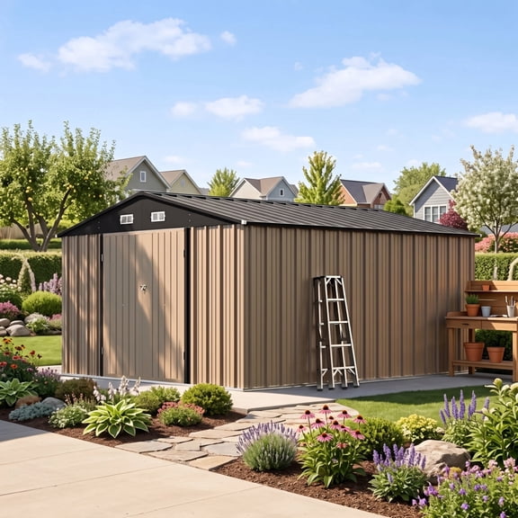 Patiowell 10x12 ft Metal Outdoor Storage Shed, Garden Tool Shed with Lockable Door & Sloping Roof, for Backyard Garden Patio, 9.5'x12', Brown