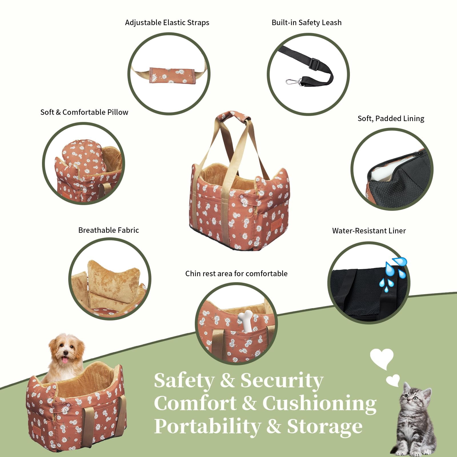 Dog Center Console Car Seat - Small Booster  Portable Armrest Travel With Anti-collapse Design Washable Fluffy Cushion & Pillow Up To 15 Lbs (coffee Color)