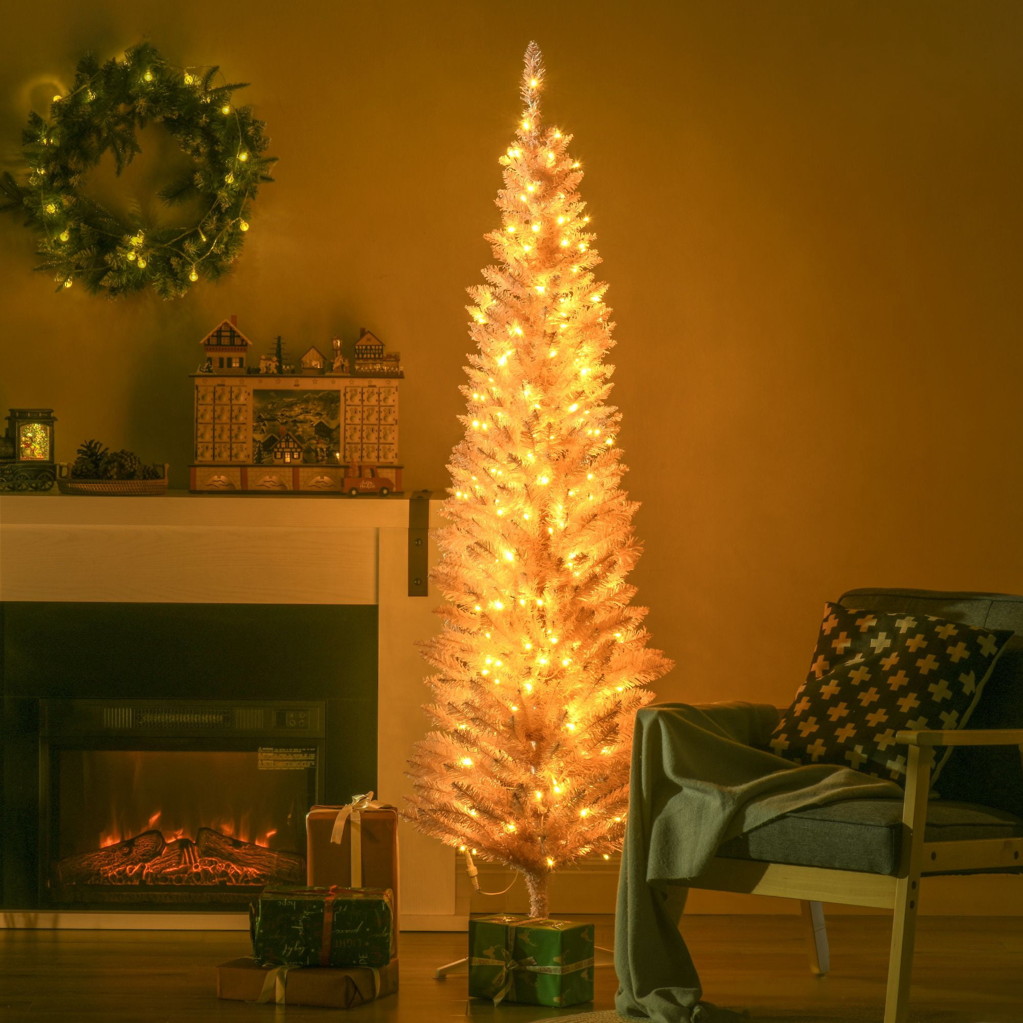 6 ft Pencil Christmas Tree, Slim Artificial Christmas Tree with Warm White LED Lights, 390 Tips, 200 Lights, Indoor Holiday Decor for Small Spaces