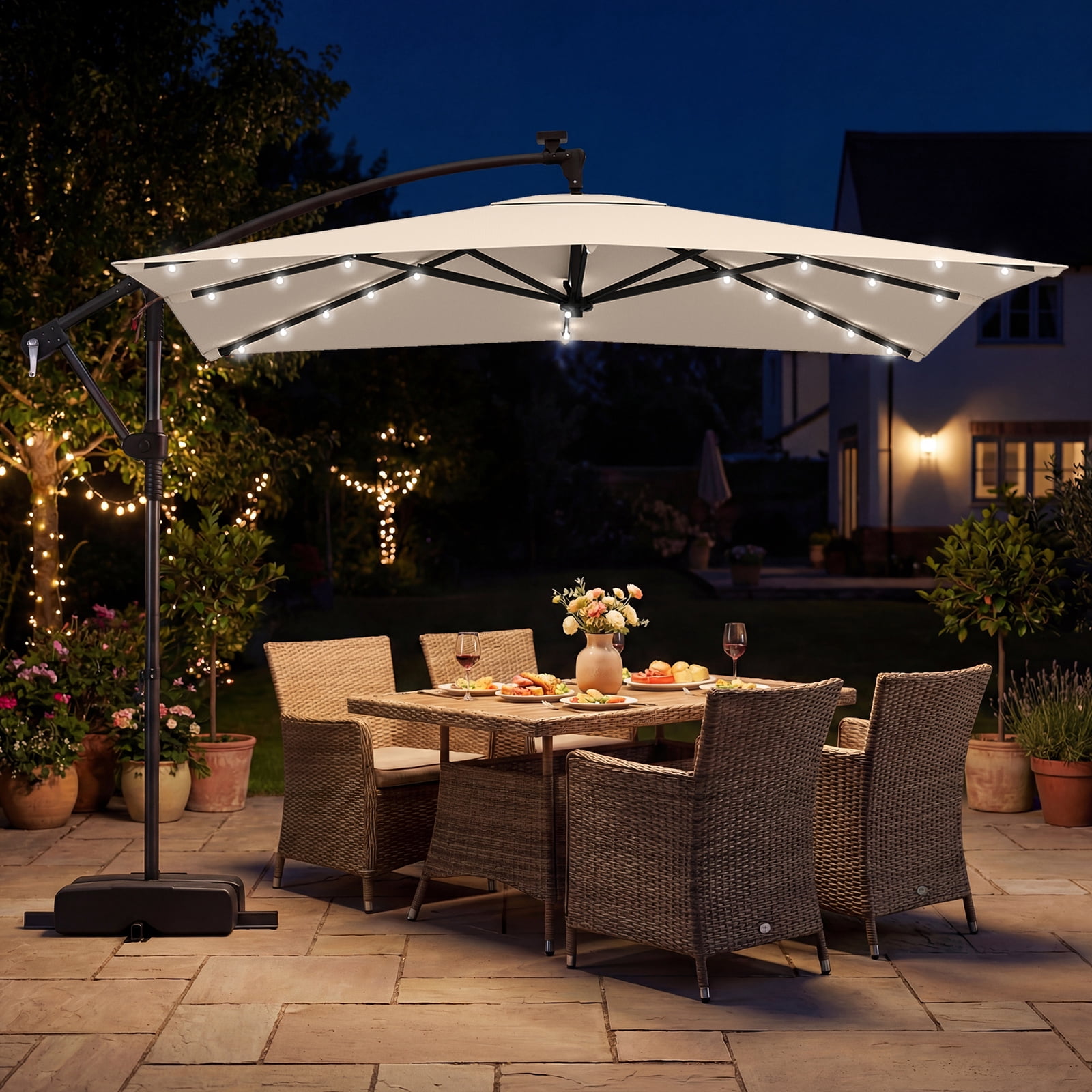 Costway 8 x 8 FT Solar LED Offset Cantilever Patio Umbrella, Square Hanging Outdoor Beige