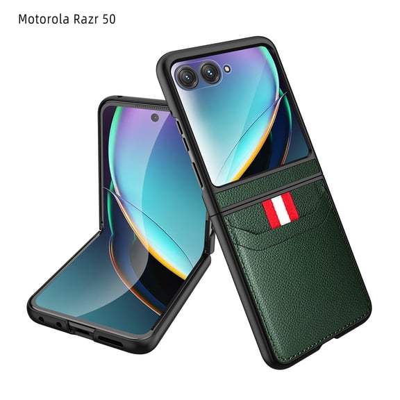 Compatible with Motorola Moto Razr 2024 Case with Card Holder & Screen Protector,Storage Cover Credit Card Slot Wallet Case,Full Body PU Leather Lichee Pattern Shockproof Phone Case,Green
